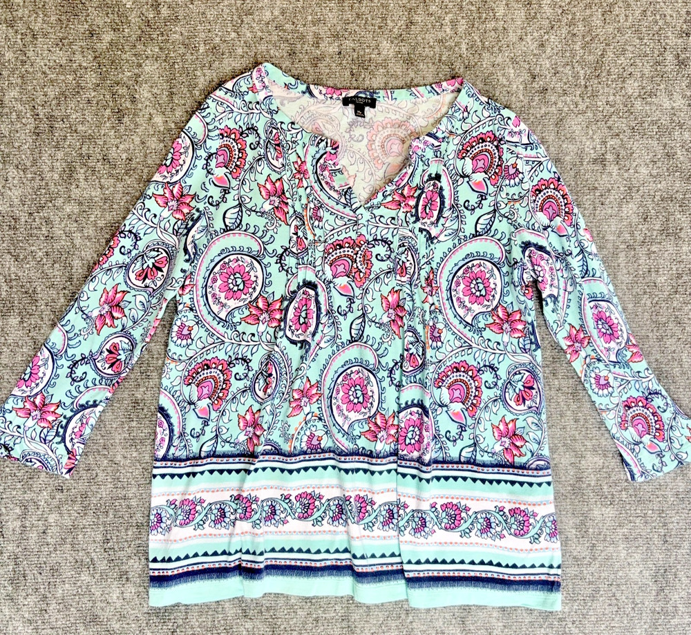 Talbots Petite Med MP Paisley Floral Top Aqua Pink Pima Cotton Modal 3/4 Sleeve